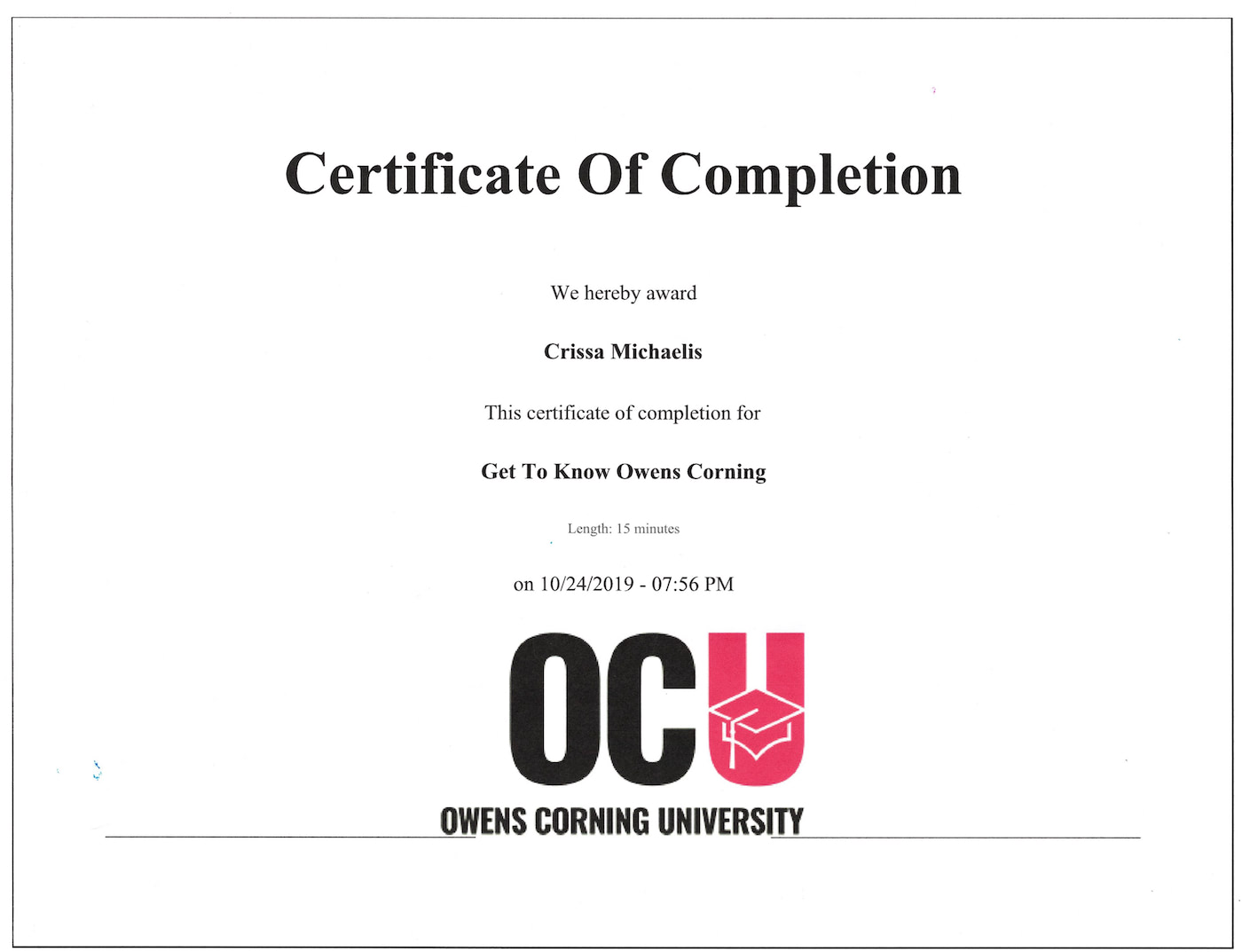 Crissa Michaelis - Owens Corning Class Certificate